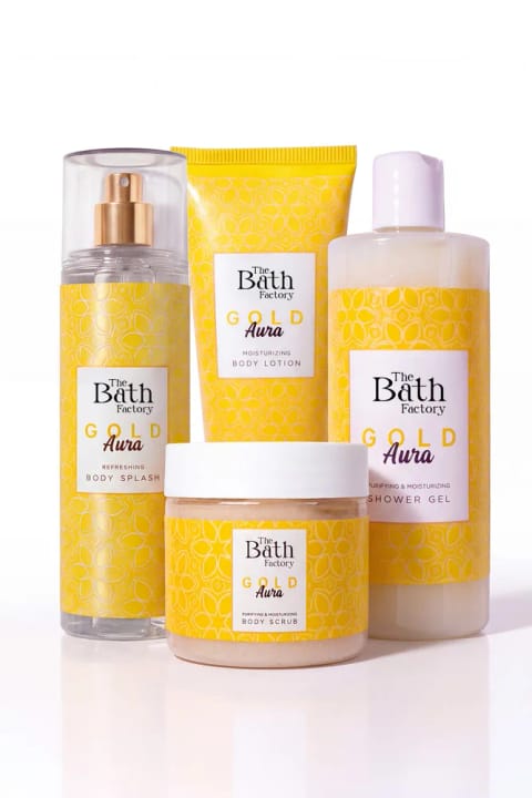 THE BATH FACTORY Gold Aura شاور ژل + لوسیون بدن + اسکراب بدن + ...