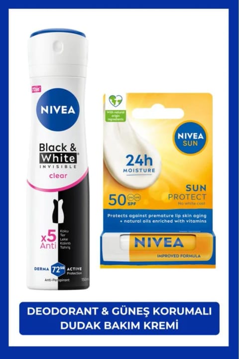 NIVEA زنانه اسپری دئودورانت Black & White Invisible Clear 150ml و بالم لب با محافظت بالا در برابر آفتاب