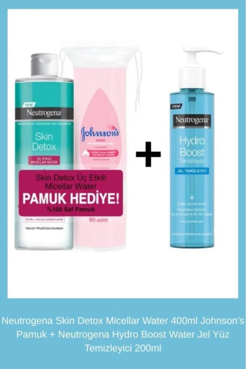 Neutrogena Skin Detox Micellar Water 400ml + Johnson's Pamuk + Neutrogena Hydro Boost Water Jel