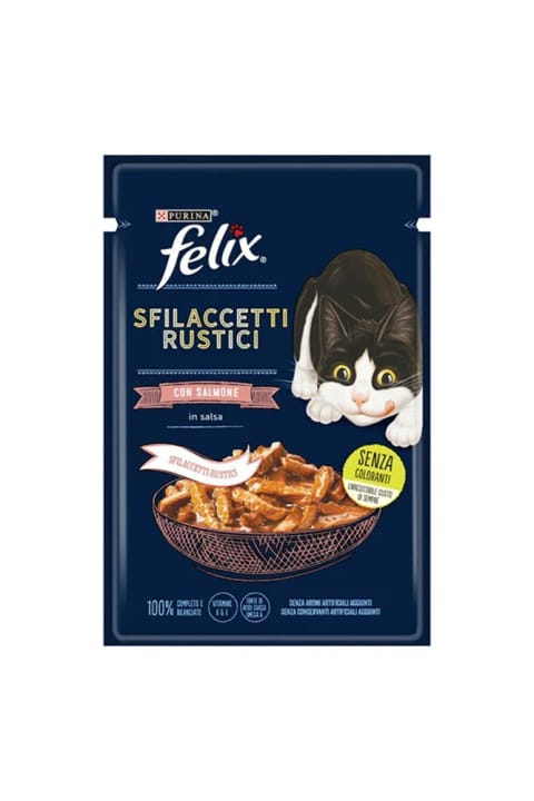 FELIX Pouch Tasty Shreds تکه‌های خوشمزه گوشت با سالمون کنسرو گربه بالغ
