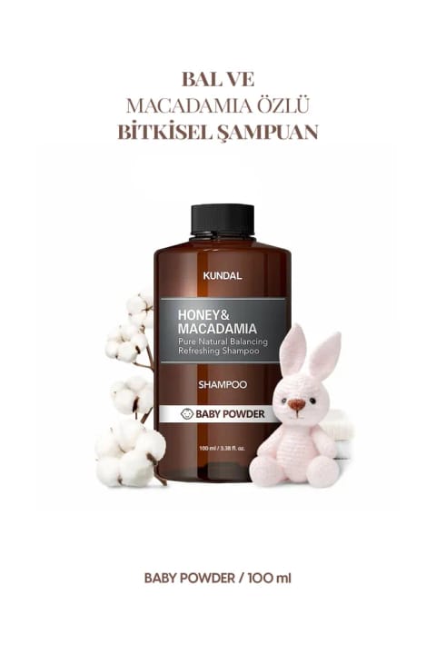 شامپوی مراقبتی ضد موخوره Kundal Honey & Macadamia Nature — 100ml Baby Powder