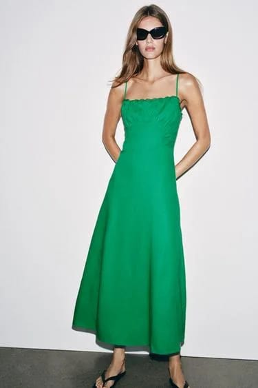 Zara پیراهن میدی بنددار از ترکیب کتان