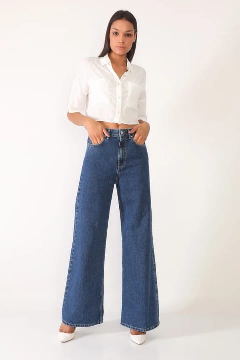 Ramrod Jeans شلوار جین پالازو گشاد سرمه‌ای لیکرا دار با کمر بسیار بالا