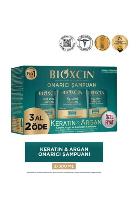 شامپو ترمیمکننده Bioxcin حاوی Keratin و Argan ۳ × ۳۰۰ میلیلیتر