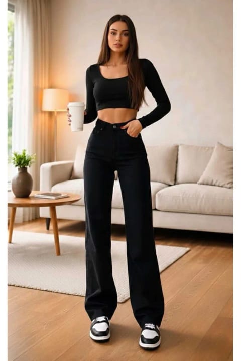 Lighter Jeans شلوار جین مشکی Oba الاستیک دمپا گشاد کمر بلند مدل Wide Leg برش راحت