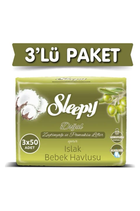 Sleepy دستمال مرطوب نوزاد با روغن زیتون طبیعی و پنبه ۳×۵۰ (۱۵۰ برگ)
