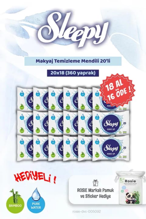 دستمال پاککننده آرایش Sleepy 18 AL 16 ÖDE 20 عددی و پنبه بچه Rosie