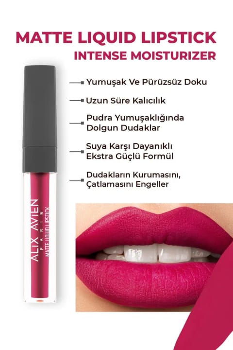 Alix Avien رژ لب مایع مات بلند ماندگار با بافت مخملی و بدون خشکی — 514 Bright Fuchsia