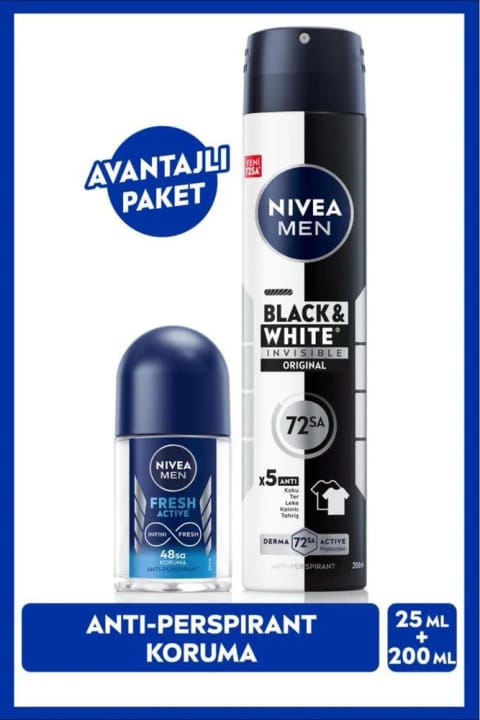 NIVEA Men اسپری دئودورانت مشکی و سفید نامرئی اورجینال ۲۰۰ میلی‌لیتر + رول‌آن مینی