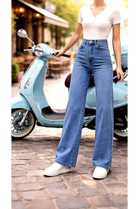 Trn JNS Carla 90's Buz Mavi Kar Yıkama Likralı Süper Yüksek Bel Salaş Jeans P...