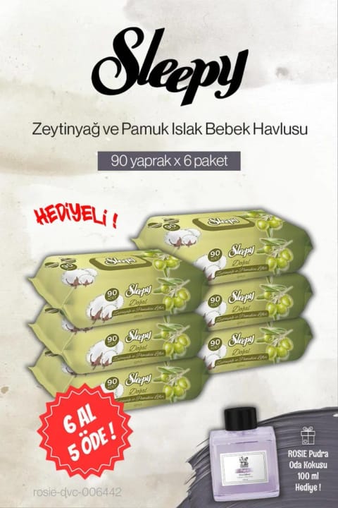 دستمال مرطوب بچه Sleepy با روغن زیتون و پنبه، بسته ۹۰ تایی (۶ عدد، ۵ عدد پرداخت)