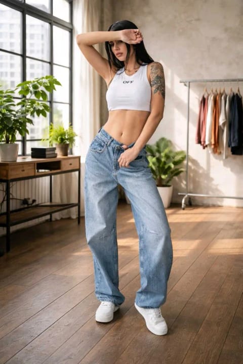 Lighter Jeans زنانه جین جولیا مدل واید لگ بول پاچه پالاتزو