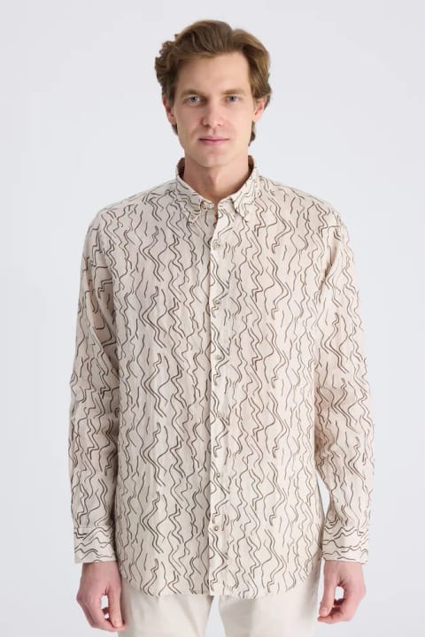 D'S Damat Ds Damat Comfort پیراهن کتان بژ طرح‌دار