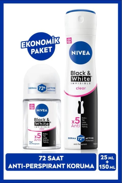 NIVEA دئودورانت اسپری زنانه Black & White Clear 150ml و رول‌آن مینی Black & White