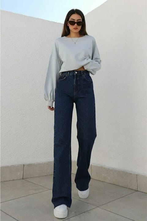 DRC trend Rayzen 90's Solmaz Mavi Likralı Süper Yüksek Bel Salaş Jean Pantolo...