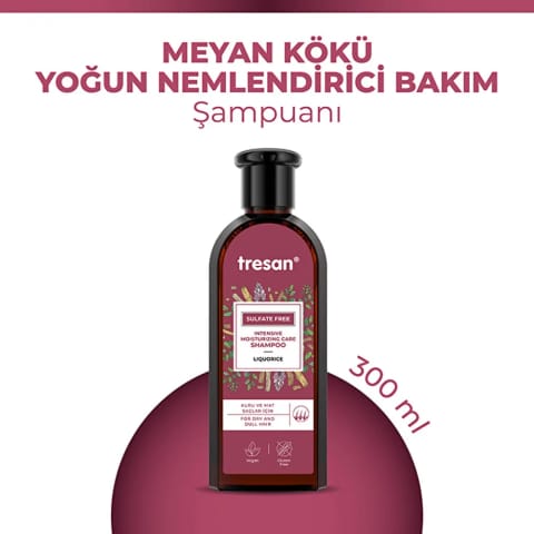 شامپو مراقبتی بدون سولفات Tresan با عصاره شیرینبیان و آبرسانی عمیق ۳۰۰ میلیلیتر