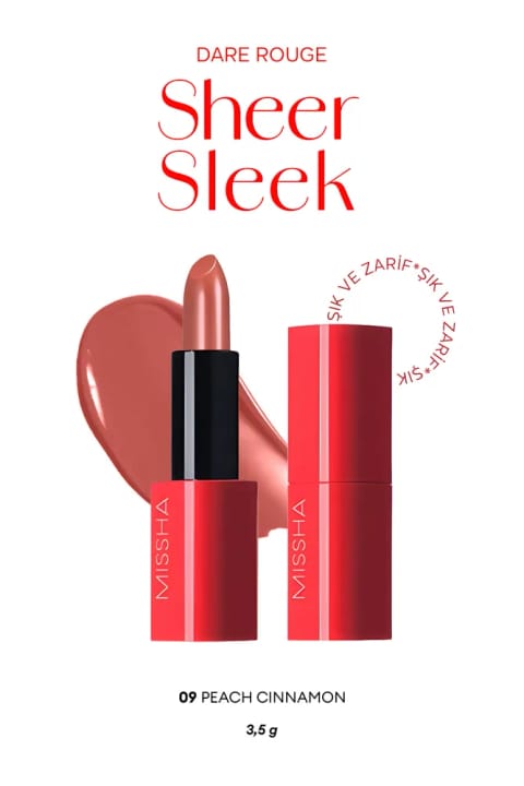 رژ لب Missha Dare Rouge Sheer Sleek با رنگدانه غلیظ، مغذی و با فینیش مرطوب — 09 Peach Cinnamon