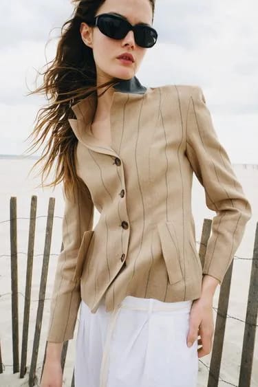 Zara ZW Collection کت بلیزر راه‌راه کتان