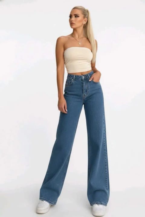 Lighter Jeans شلوار جین زنانه پاچه گشاد پالازو، رنگ آبی متوسط، کشسان، کمر بلند