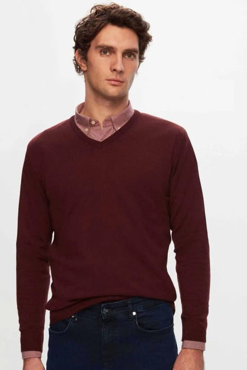D'S Damat Regular Fit شرابی یقهV ساده تریکو