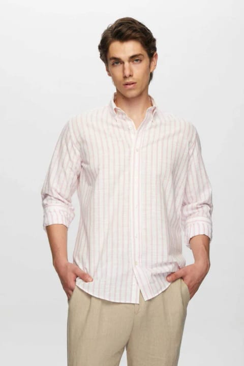 D'S Damat Slim Fit راهراه صورتی %100 پنبه پیراهن تابستانه کتان