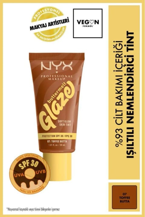 NYX Professional Makeup Buttermelt Glaze درخشنده Skin Tint SPF 30 مرطوبکننده — Dogal Parlaklik 07 Toffee