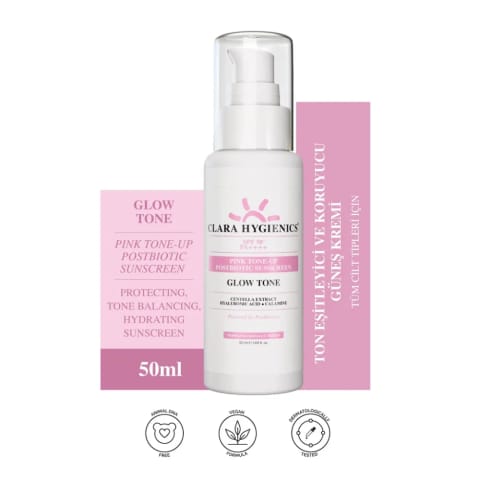 Clara Hygienics Pink Tone-Up کرم ضدآفتاب SPF 50+ با پستبیوتیک، یکدستکننده و محافظ رنگ پوست ۵۰ میلیلیتر