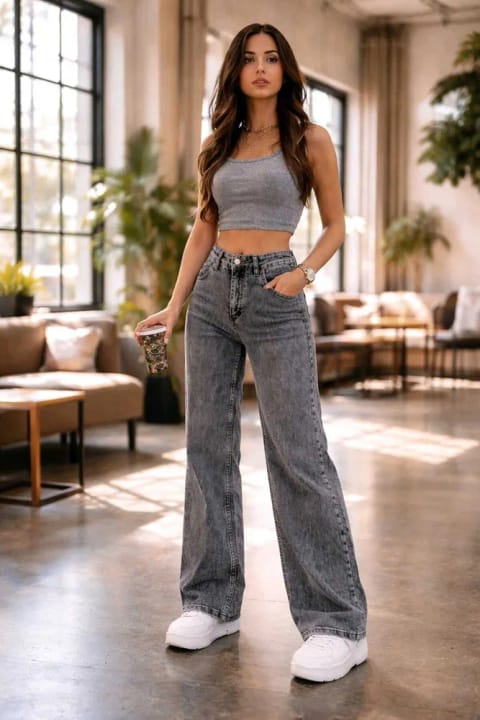 Lighter Jeans Denny آنتراسیت انعطافپذیر وایدلگ جین کمر بلند شلوار گشاد راحت ک...