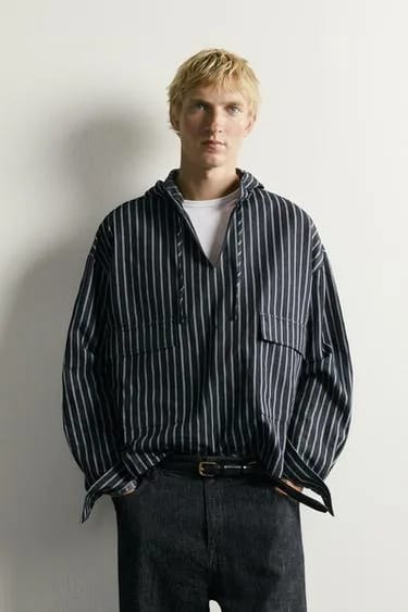 STRIPED COTTON-LINEN HOODED OVERSHIRT