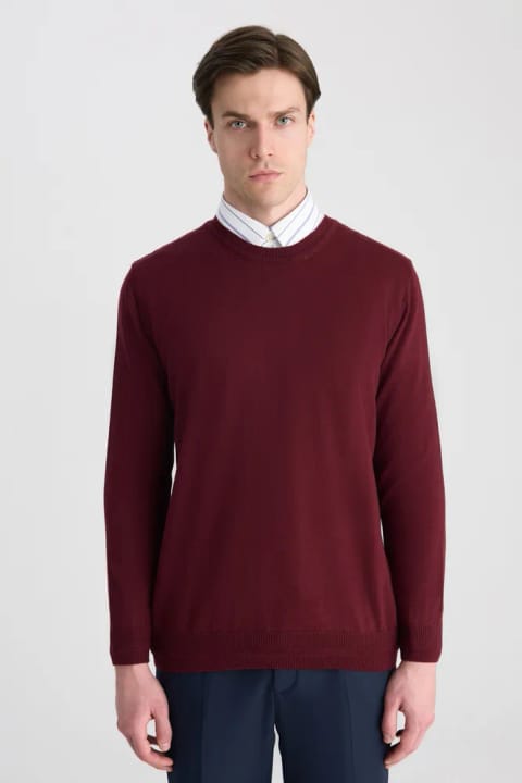 D'S Damat Regular Fit یقه گرد بوردو کشباف ساده