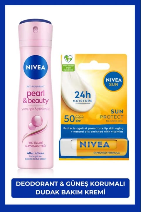 NIVEA اسپری ضد تعریق زنانه Pearl&Beauty 150ml و بالم لب با محافظت بالا در برابر آفتاب