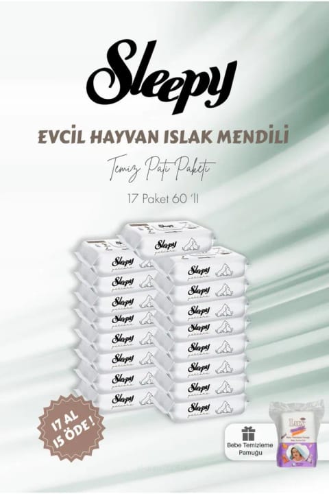 Sleepy 17 AL 10 ÖDE حیوانات خانگی دستمال مرطوب ۶۰ عددی و پنبه پاک‌کن کودک