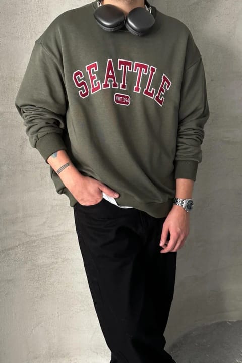 سویشرت اورسایز مردانه Seattle چاپی، خاکی
