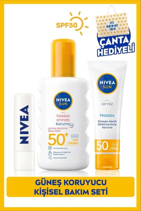 NIVEA SUN SPF50+ محافظ آفتاب اسپری حساس، ضدآفتاب صورت، بالم لب بی‌رنگ