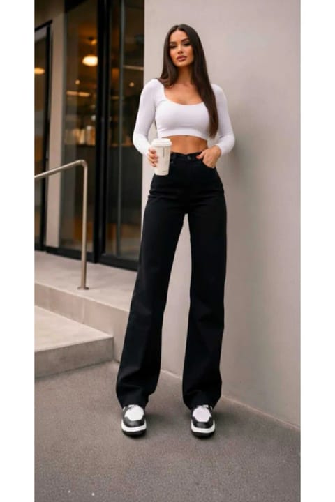 TRENDNATUREL Tessa Gold Ikon 90's شلوار پالازو مشکی لاکرا فوقالعاده بلند