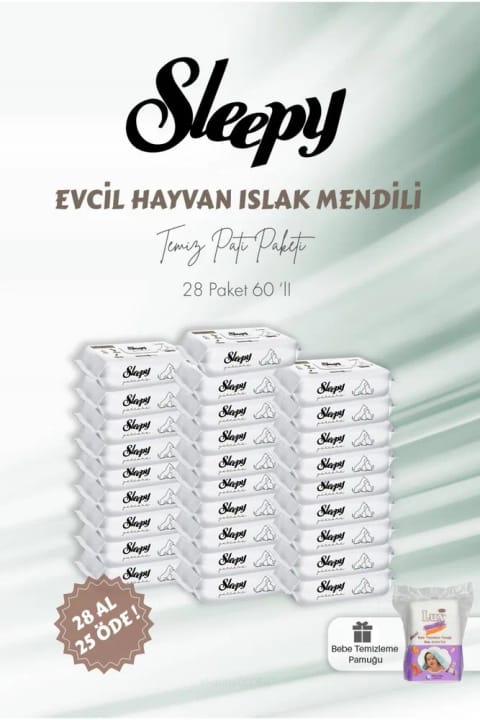 Sleepy 28 AL 25 ÖDE حیوان خانگی دستمال مرطوب 60 عددی و پنبه پاککننده نوزاد
