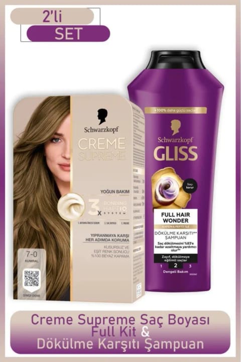 Schwarzkopf Creme Supreme Full Kit 7-0 Kumral + Gliss Full Hair Wonder ضد ریزش مو