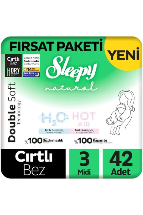 Sleepy Natural Double Soft پوشک بچه اولترا پک ۳ عددی سایز ۳ (میدی) ۴۲ عددی — Ultra Paket 42