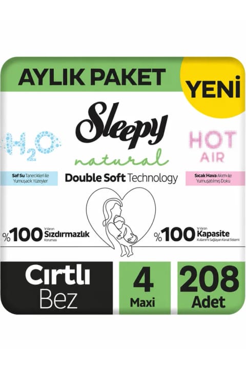 Sleepy Natural Double Soft پوشک بچه یک‌ماهه سایز ۴ ماکسی ۲۰۸ عددی