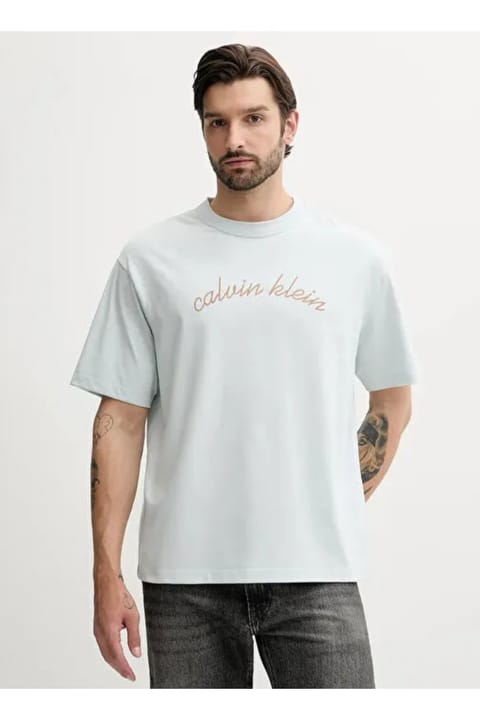 تیشرت مردانه Calvin Klein آبی روشن مدل SS CENTER CHAIN STITCH 16S RLXD