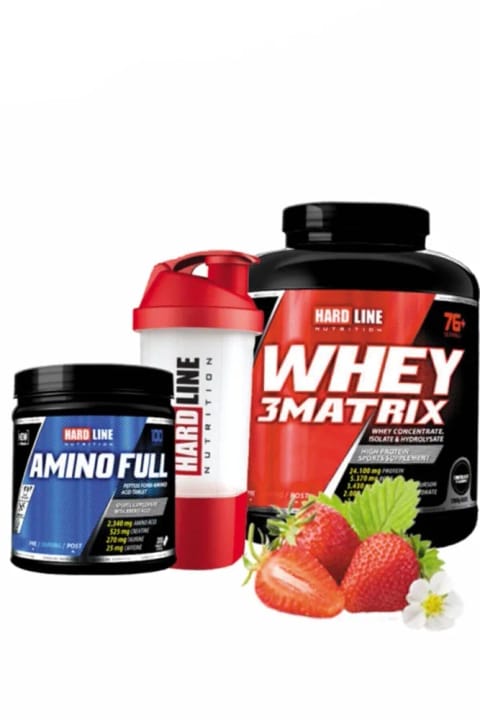 Hardline Whey3 Matrix 2300 گرم استrawberry با شیکر آمینو