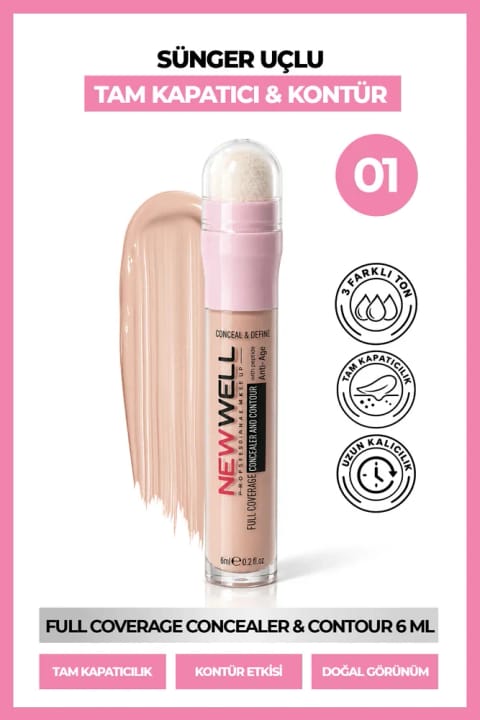 کانسیلر و کانتور New Well Full Coverage Concealer & Contour با نوک اسفنجی 01، 6 ml