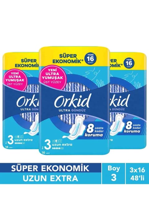 Orkid Ultra Uzun Extra (سایز 3) 16 عدد بسته اقتصادی سوپر اکونومیک نواربهداشتی x3