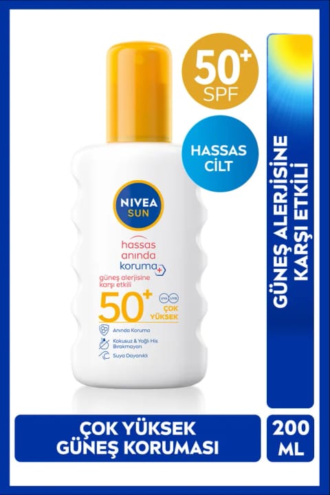 NIVEA SUN SPF50+ اسپری ضدآفتاب مخصوص پوست حساس ۲۰۰ میلی‌لیتری، مقاوم در برابر آب