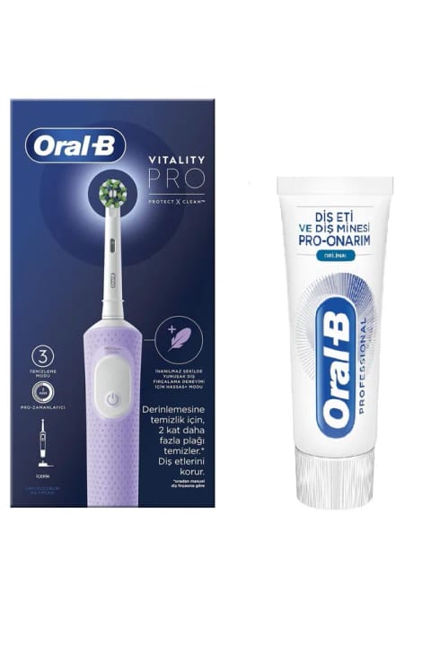 مسواک برقی Oral-B Vitality Pro بنفش + خمیردندان ترمیمی Pro 50 میلی‌لیتر