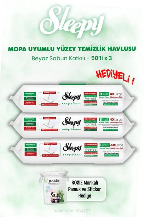 Sleepy Mopa Uyumlu Beyaz Sabunlu Islak Mendil 50'li x 3 ve ROSIE