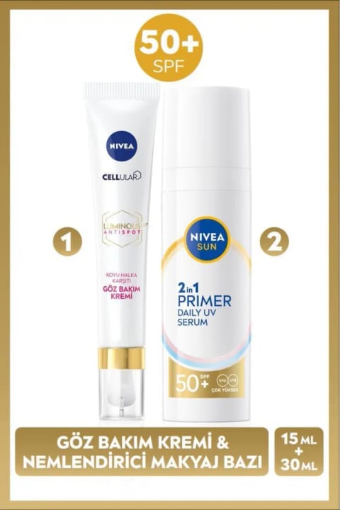 نیوآ سان SPF50 ضدآفتاب مرطوب‌کننده و پرایمر آرایش ۳۰ میلی‌لیتر + کرم دور چشم Luminous630