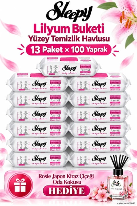 دستمال تمیزکننده سطوح Sleepy Easy Clean دسته‌گل Lilyum پک مگا ۱۳ عددی ۱۰۰ برگ