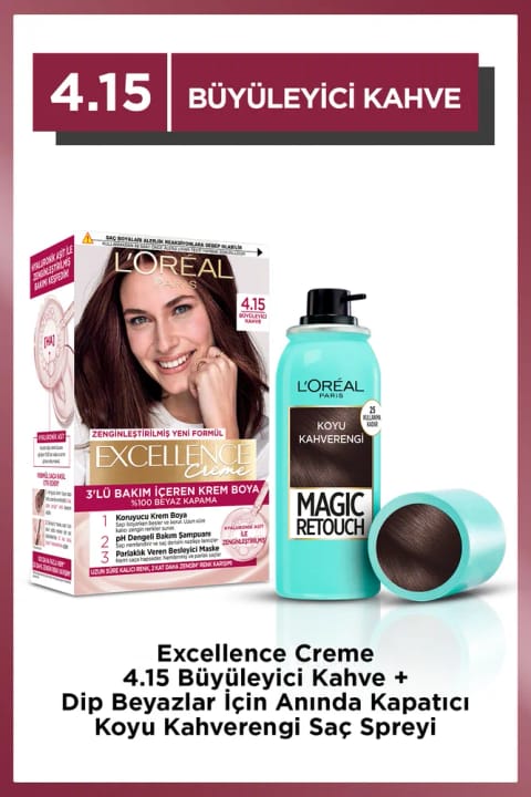 رنگ مو L'Oreal Paris Excellence Creme 4.15 قهوهای جادویی + اسپری Magic Retouch