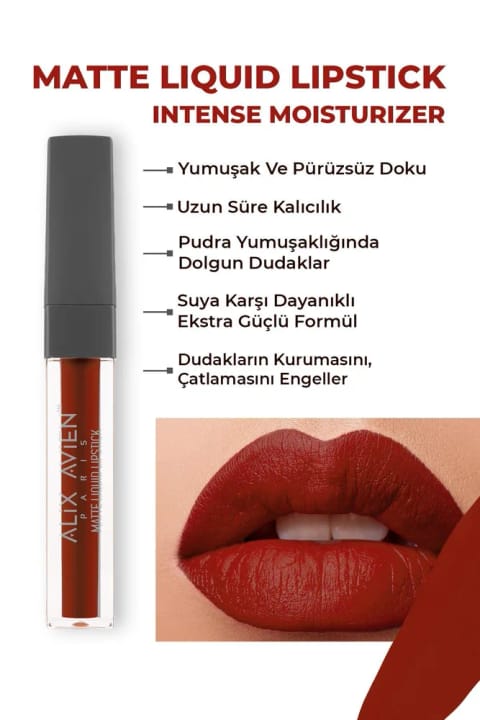 Alix Avien رژ لب مایع مات بلند ماندگار با بافت مخملی و بدون خشکی — 524 Ruby Red